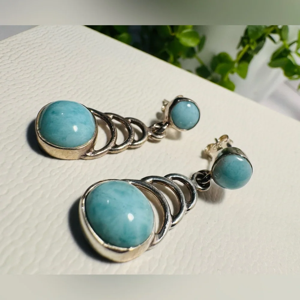 Sterling Silver 925 Larimar Drop Dangle Earrings - Picture 3 of 11